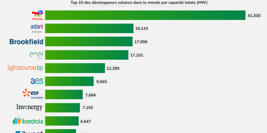 Infographie « Top 10 des développeurs solaires dans le monde par capacité totale » - voir description détaillée ci-après