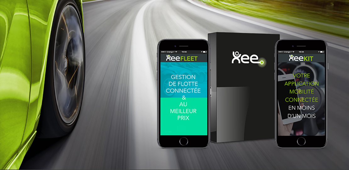 Car on a road and visual of the Xee unit connected to smartphones